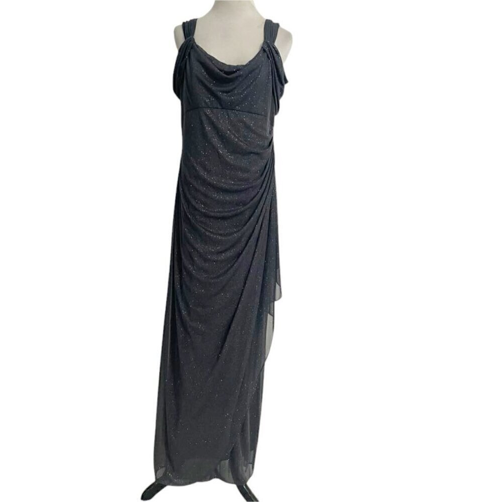 Alex Evenings Size 16 Maxi Dress Sleeveless Gray Shimmer Wedding Party Ruched